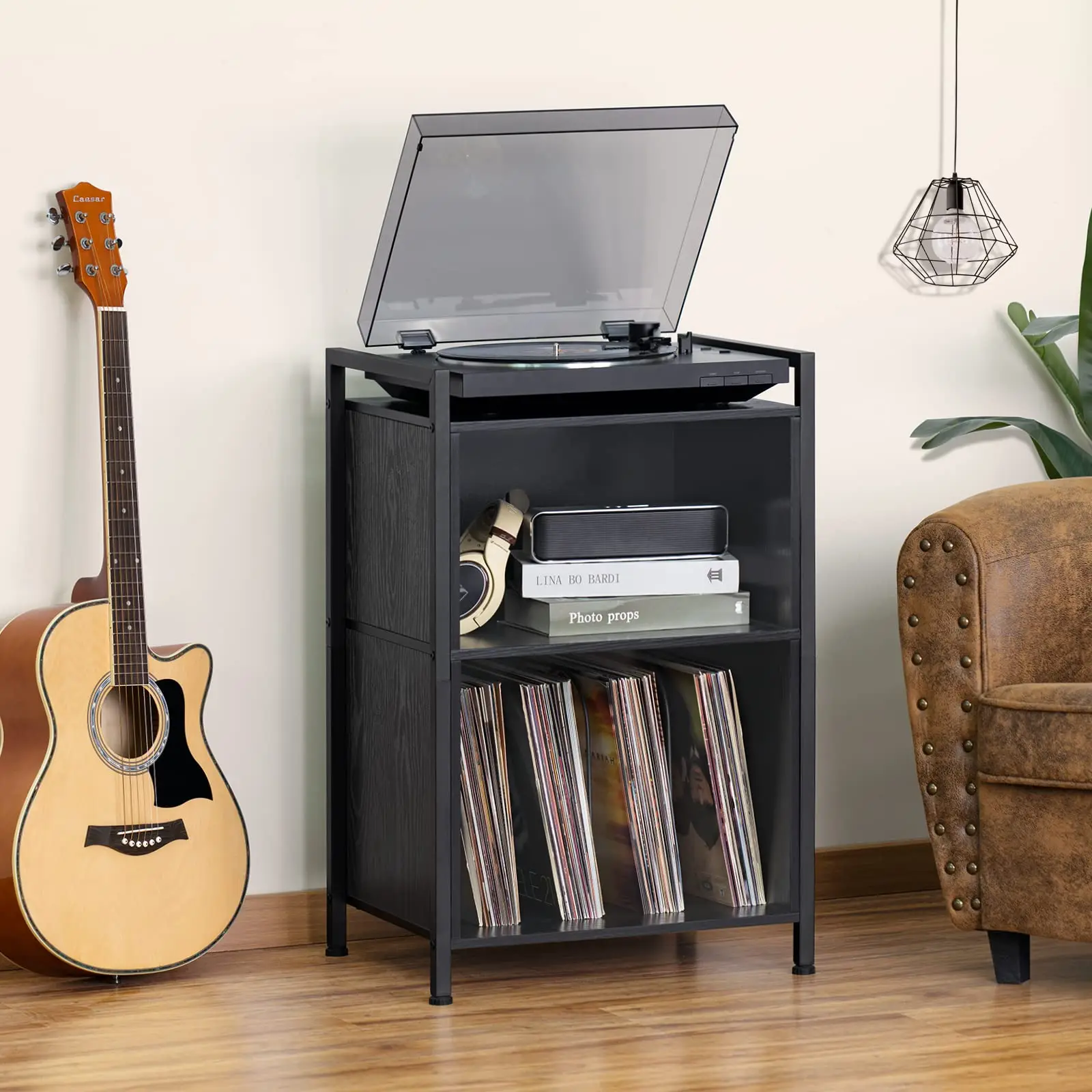 Modern Wholesale Living Room Furniture Record Player Stand with Storage Wooden 3 Shelf CD Vinyl Record Holder