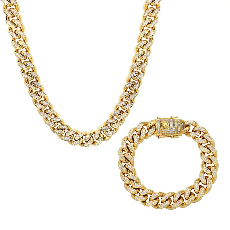 stainless steel jewelry hip Hop zircon 18K gold plated cuban link chain necklace bracelet set for men