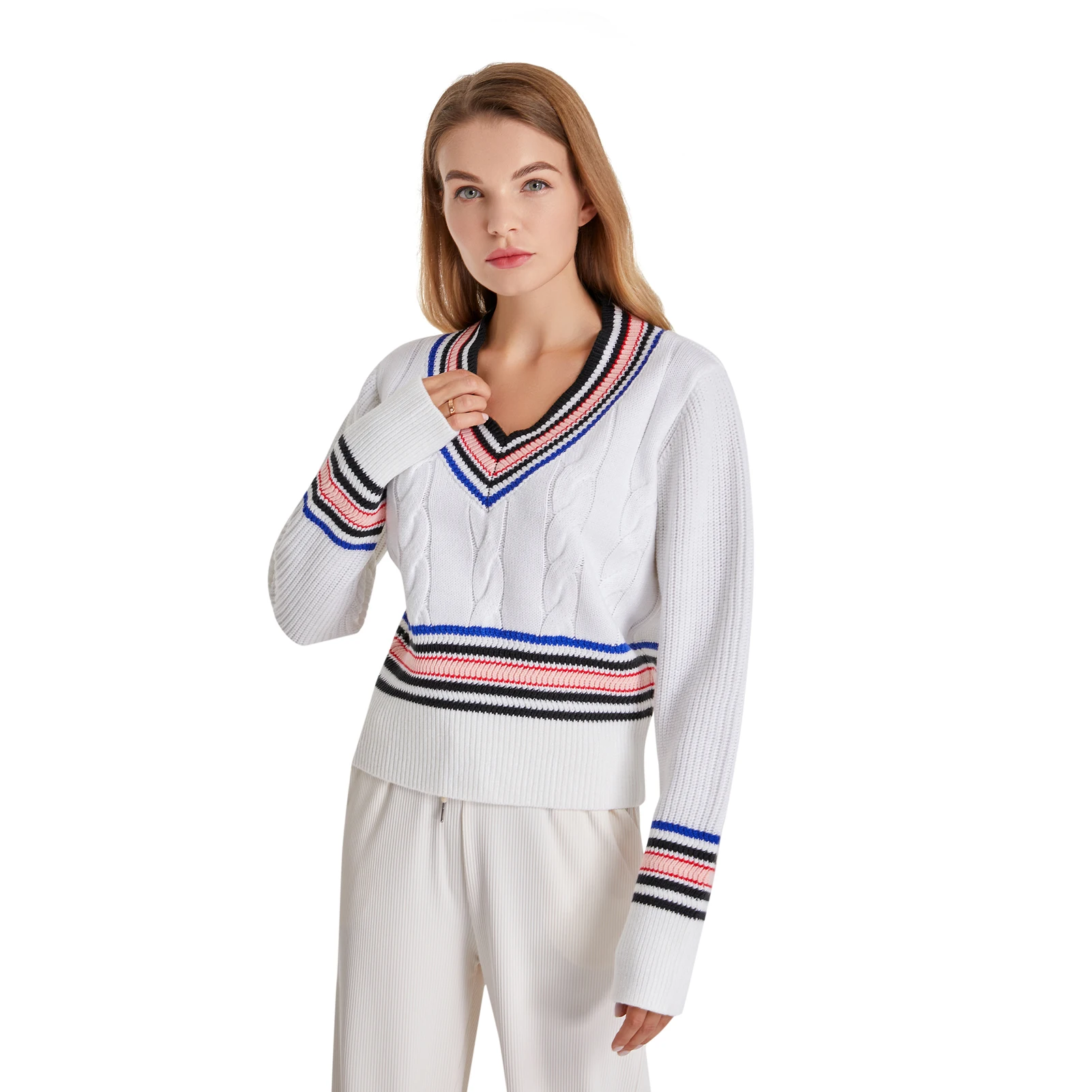 Женский вязаный свитер в консервативном стиле с v-образным вырезом и длинными рукавами в цветную полоску