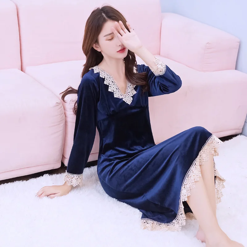 online hot sale long sleeve gold velvet night dress fashion nightdress for women