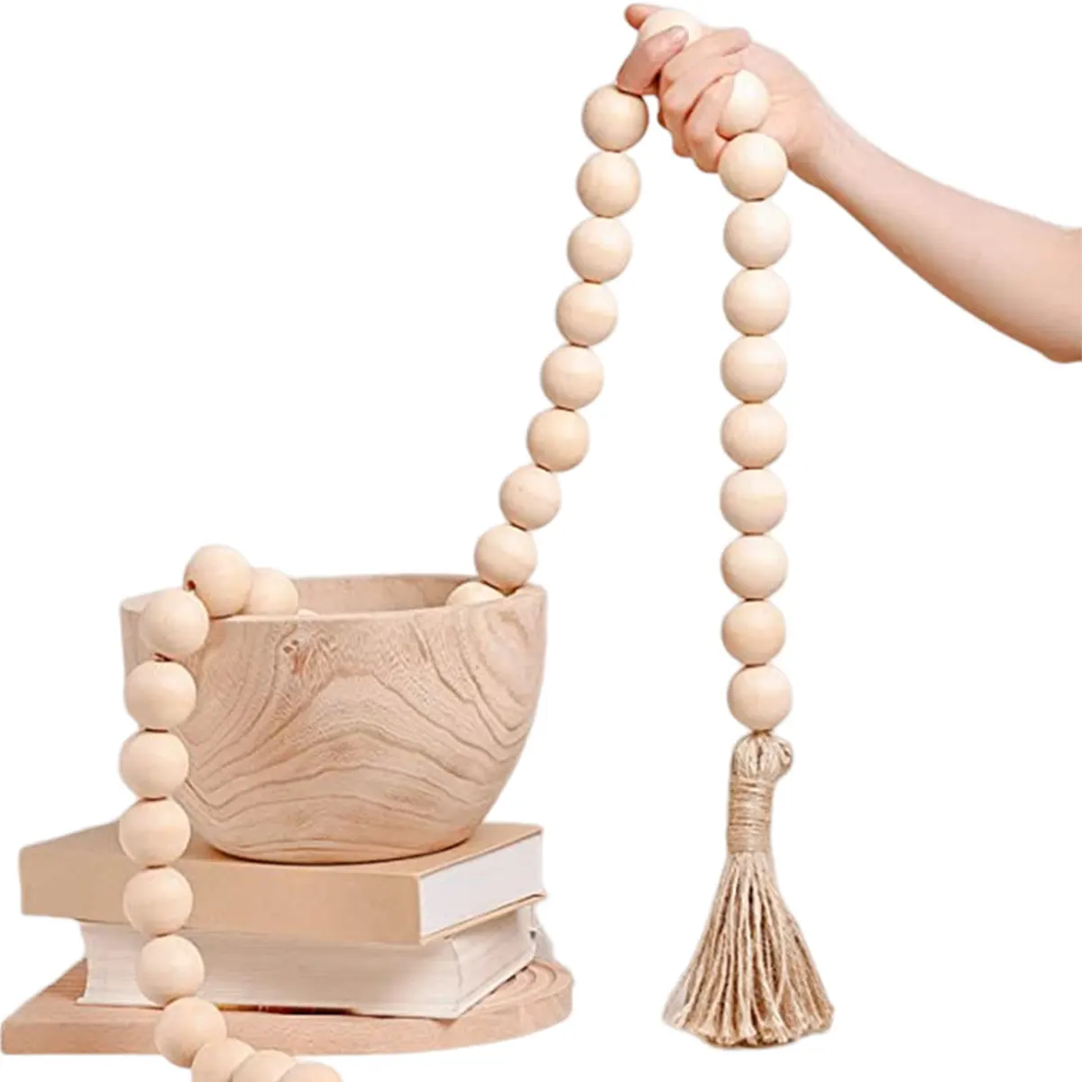 Farmhouse Rustic Country Natural garland hangerwall Wood bead garland tassel Wall hanging for Christmas Tree Oversized rough