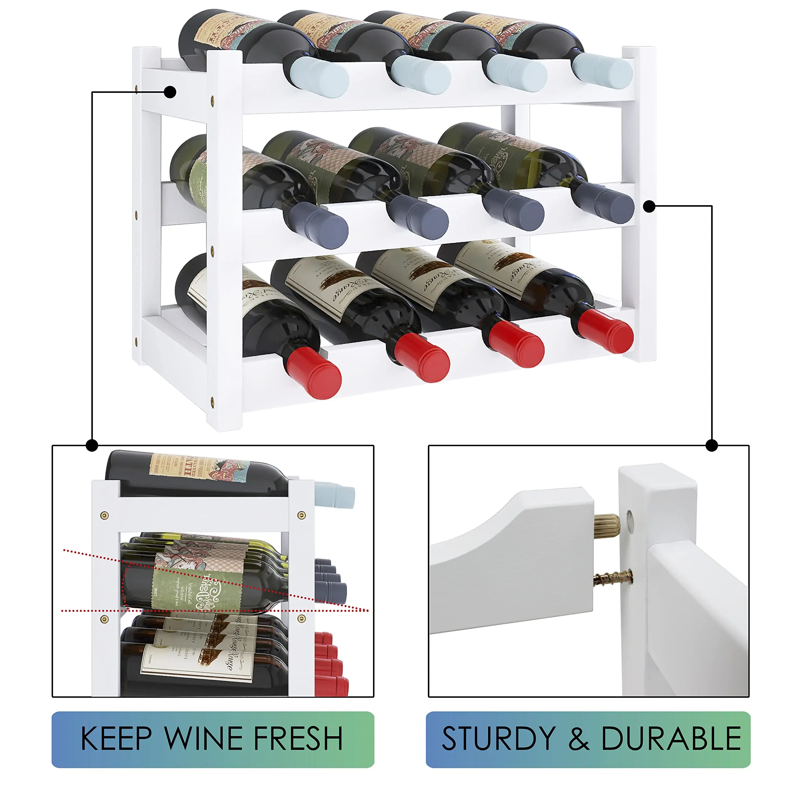 Bamboo Wine Rack Holder for Wine 12 Bottles Display Holder, 3-Tier Free Standing Storage Shelves for Kitchen, Pantry