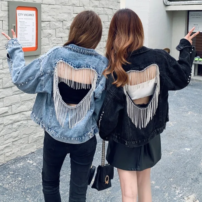 Wholesale Black/Blue Short Rhinestones Hollow Out Jean Jacket New Lapel Fashion Long Sleeve Loose Denim Jacket Women
