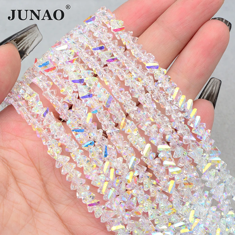 JUNAO High Quality Shiny 4mm Crystal String Beads Glass Transparent AB Stones Chain Triangle Gemstone Beads For Clothes Tassels