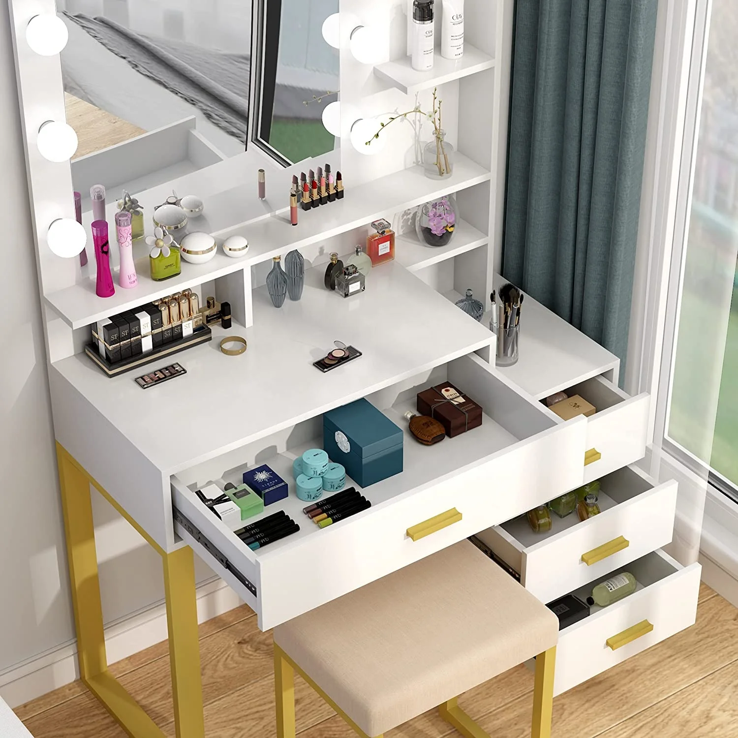 Dressing table with illuminating mirror, makeup dressing table with LED lamp, drawer, storage rack and upholstered stool, small