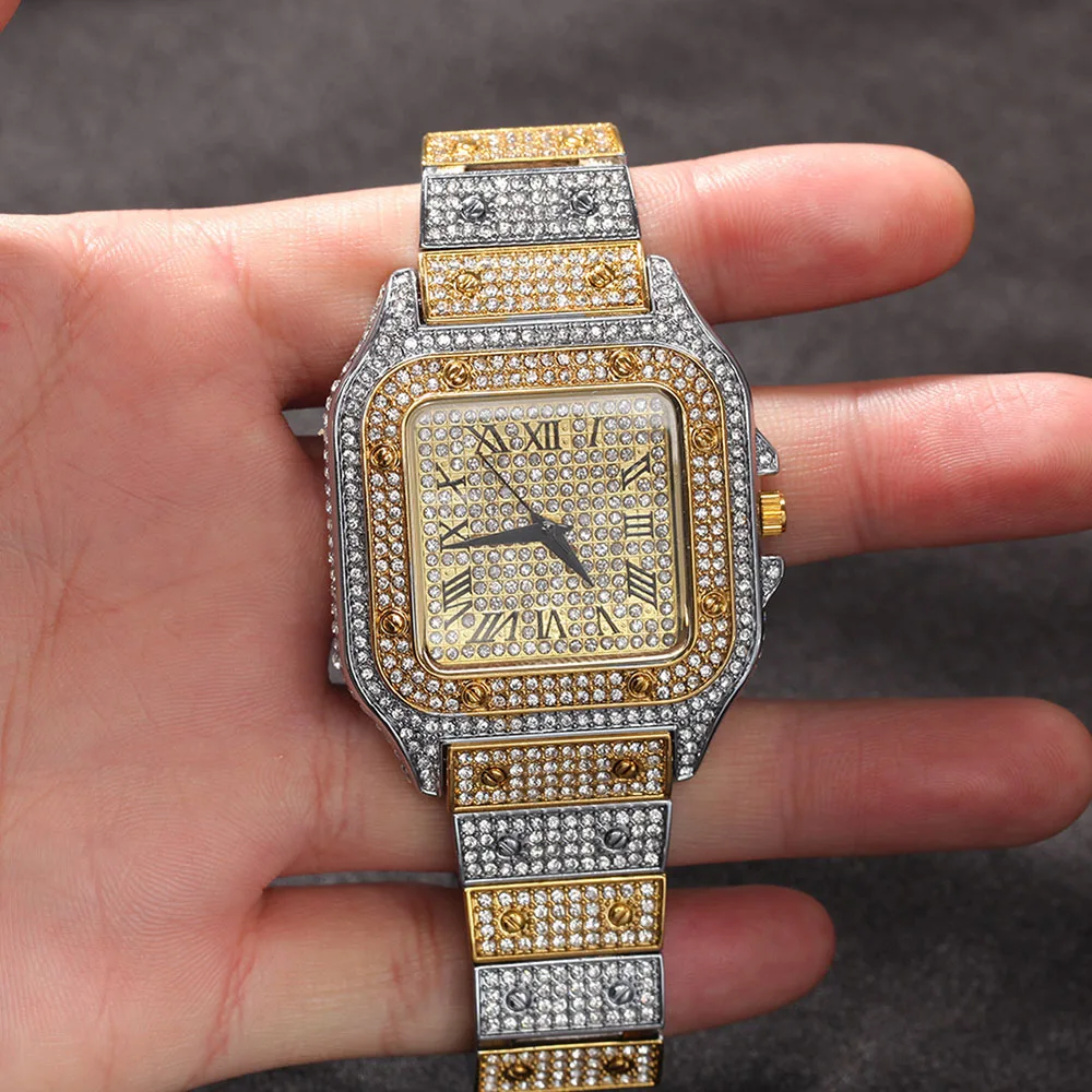 Wholesale Hip Hop Deluxe Men Wrist Quartz Watch Shinning Diamond Bling Bling Full Gemstone Iced Out Gold Plated Women Watches