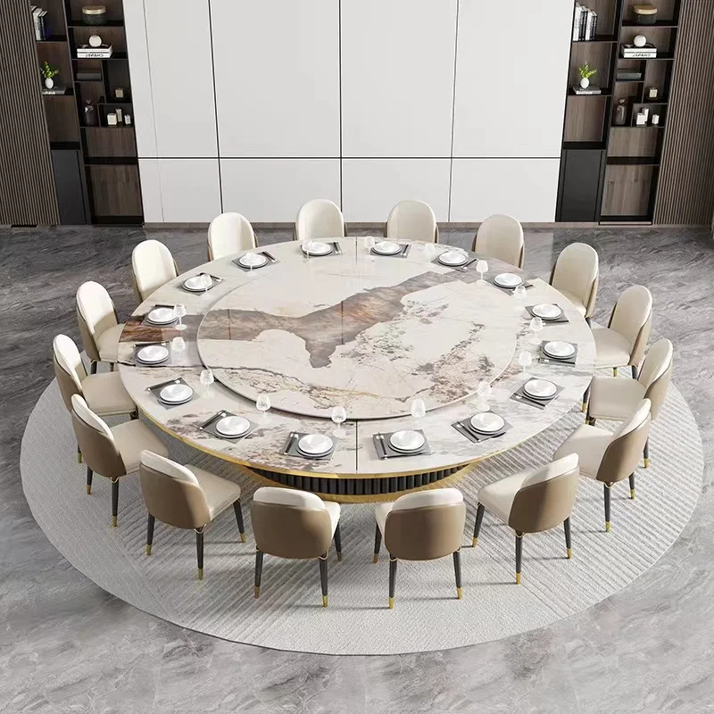 Light luxury  round marble top dining table 12-person villa hotel restaurant tables electric round table with turntable