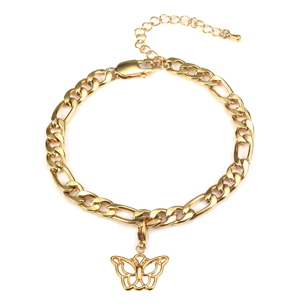  Wholesale Woman Elephant 24k Gold Plated Ankle Bracelet Jewelry Stainless Steel Costume Cuban Link Butterfly
