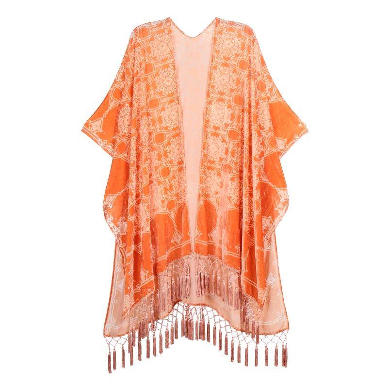 Fashion Tie Dye burnout velvet kimono women velvet cardigan with tassel