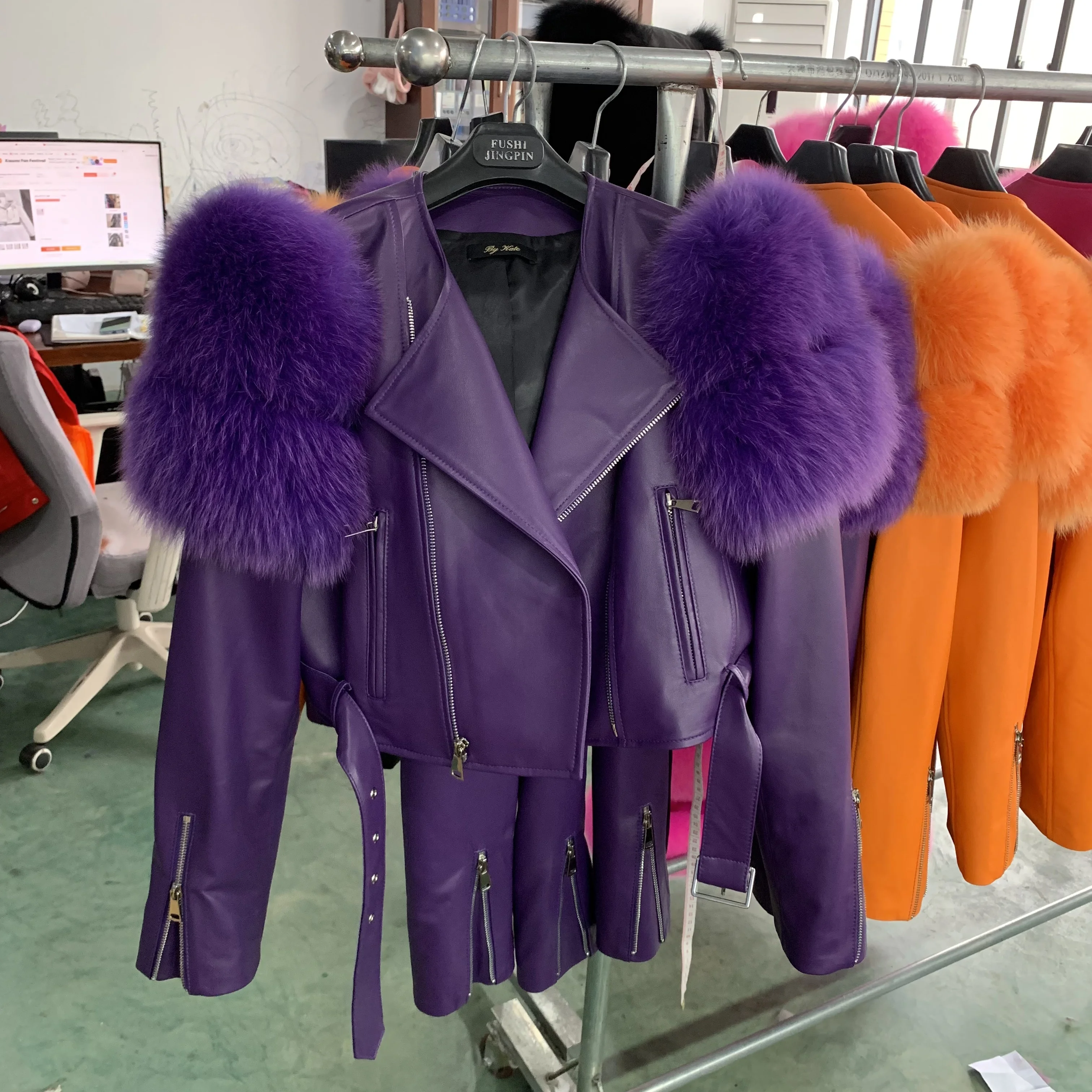 Fur Leather Jacket 2023 Ladies Genuine Leather Jacket with Fur Sleeve Decorate