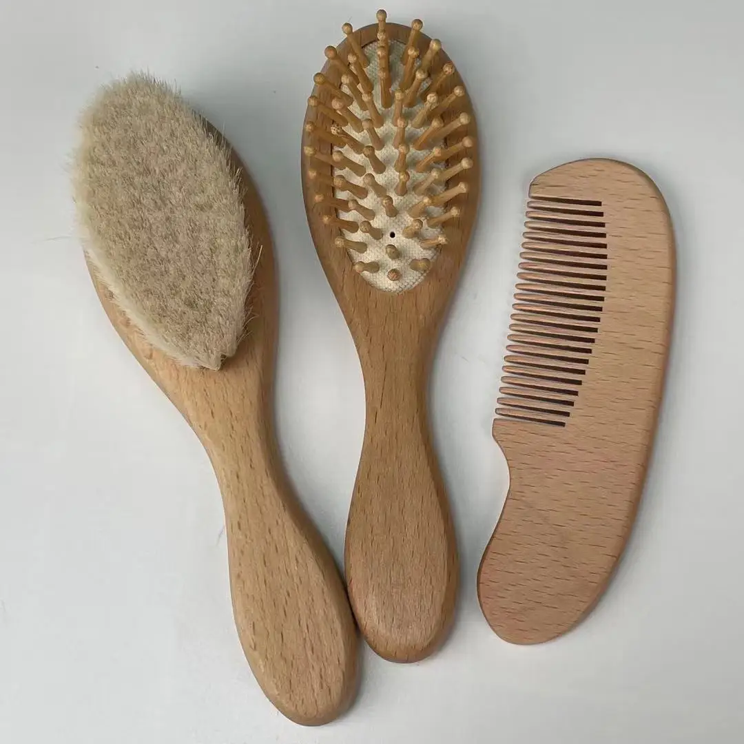 Hot Selling Natural Wooden Baby Hair Brush Comb Set New Baby Wool Hair Cleaning Massage Brush  With Private Label