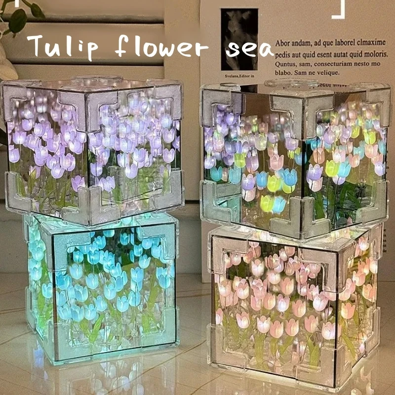 DIY Decorative Mirrors Handmade Garden Tulips Night Light Mirror Table Lamps Bedroom Ornaments Craft Tulip Mirror Birthday Gift