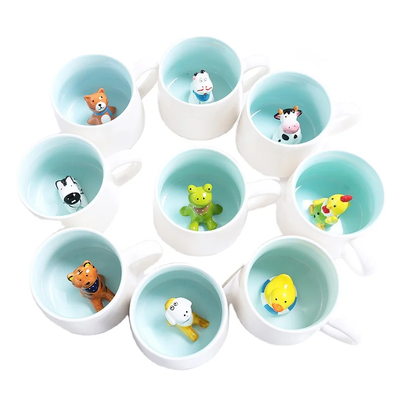 Creative ceramic cup with lid wholesale color glaze white gift set doll animal mug inside little accessories