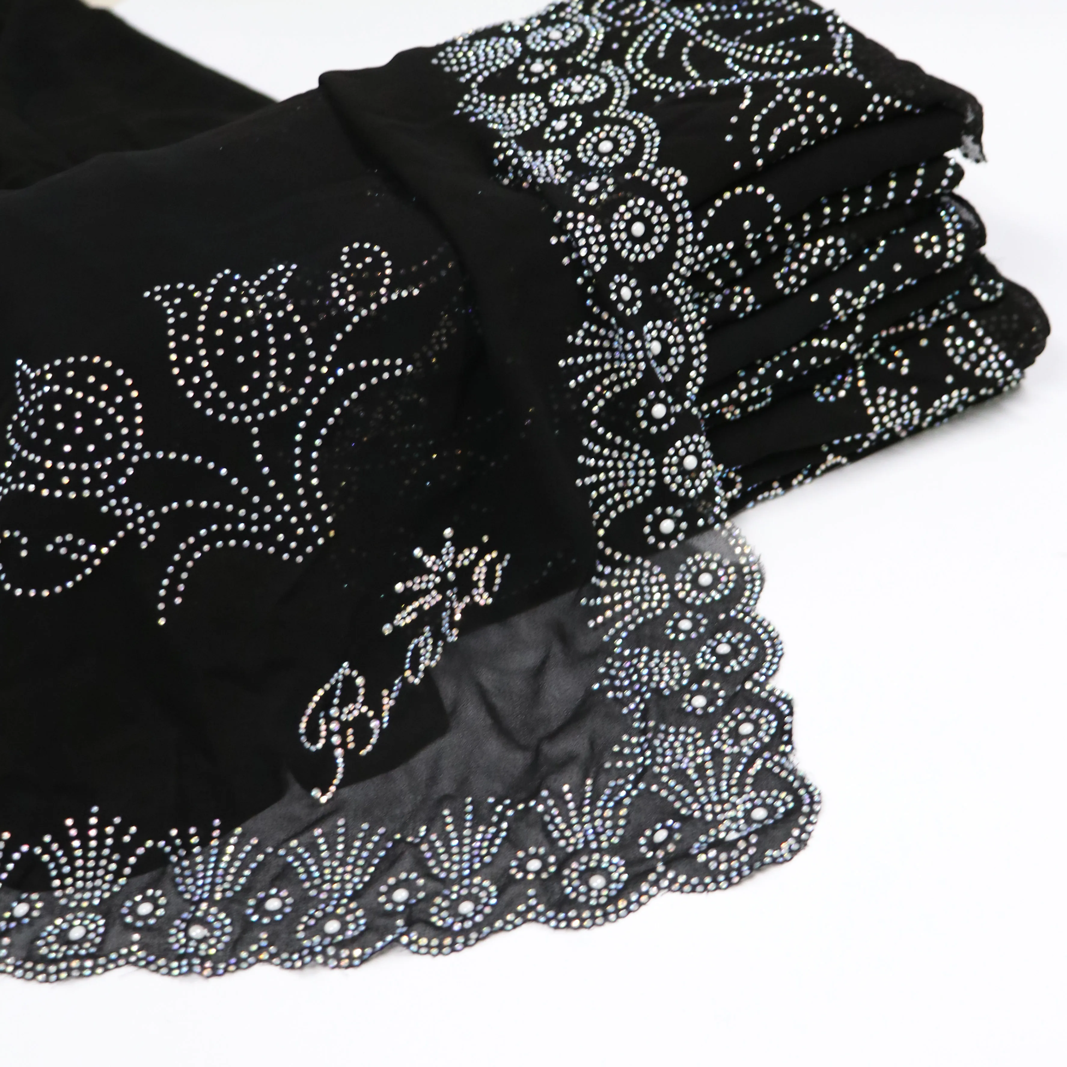 Оптовая продажа, новый шифоновый шарф с жемчужинами в национальном стиле, Женский мусульманский хиджаб с цветочным орнаментом и бриллиантами