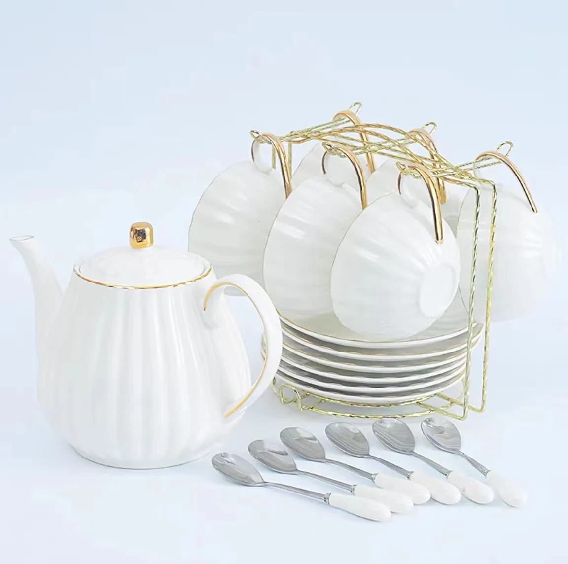 Wholesale Gold White Fine Design Gift Wedding Coffee Cup Tea Sets High Quality Tea Pot Customize Design Colorful Ceramic Cup