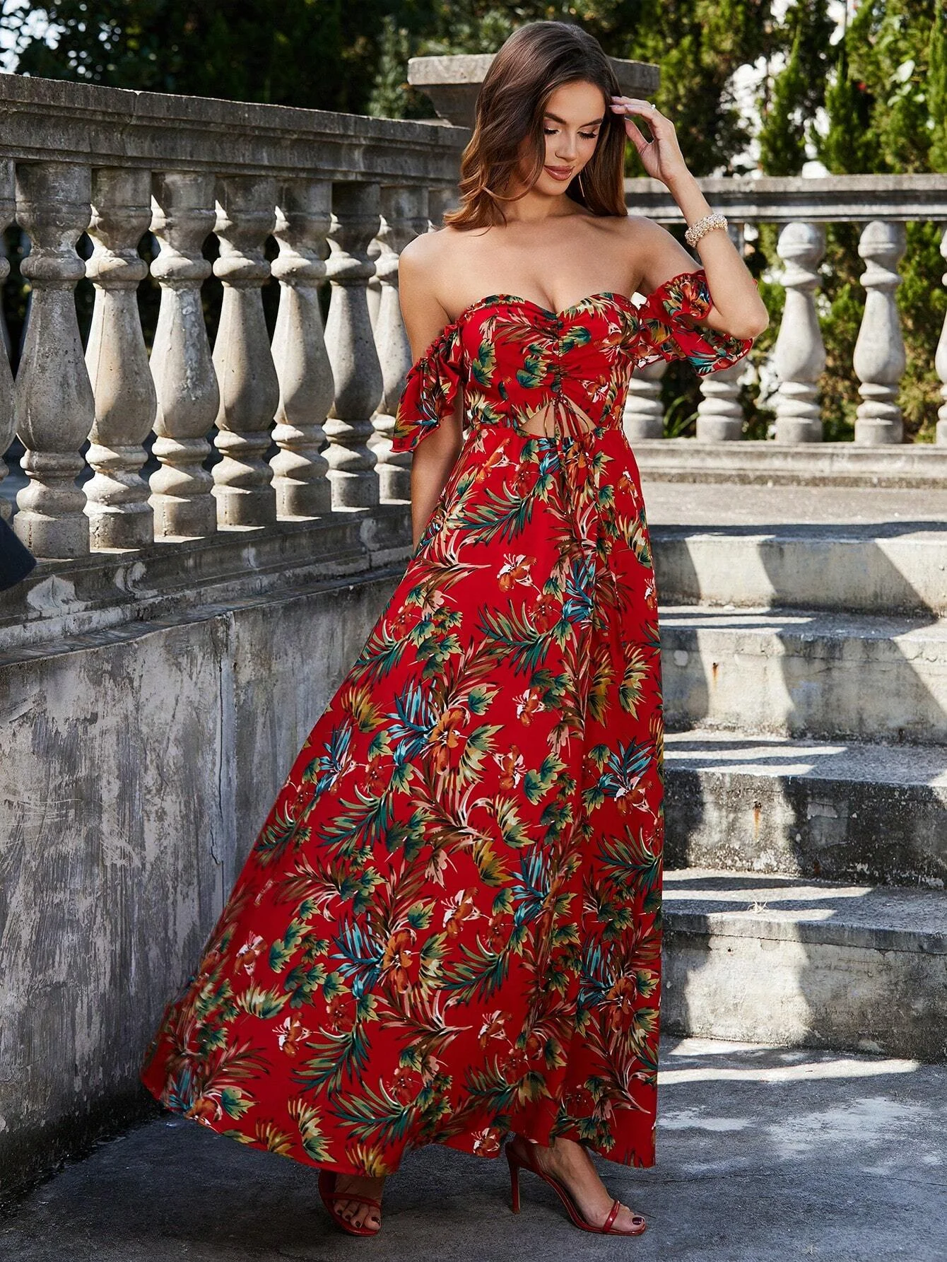 Double Crazy Floral Pattern Off-Shoulder Long Sleeve Dress