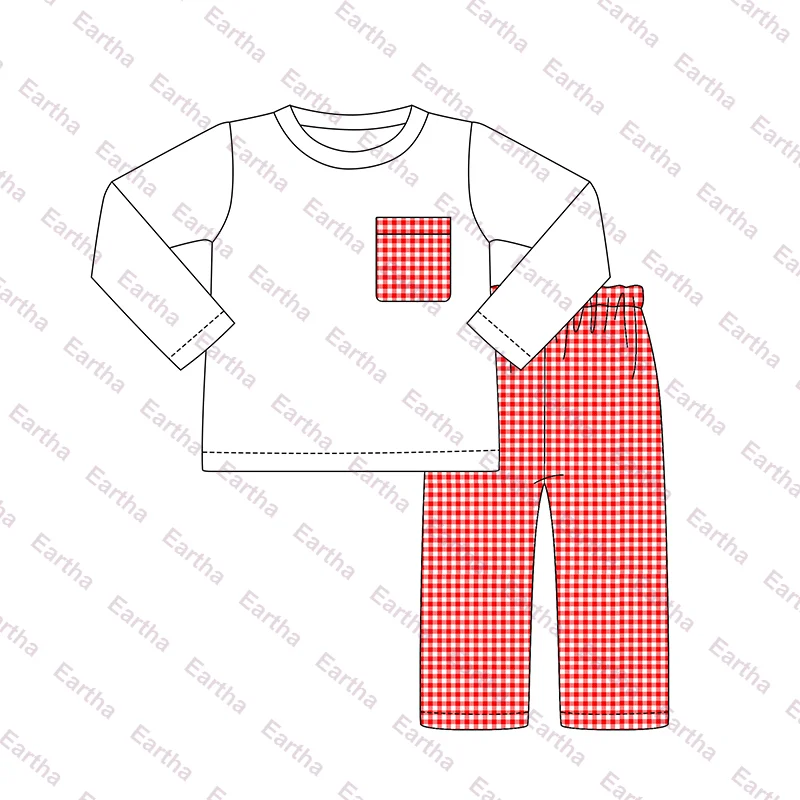 children boys clothing sets monogram baby boys t-shirts and gingham pants sets winter kids clothes wholesale