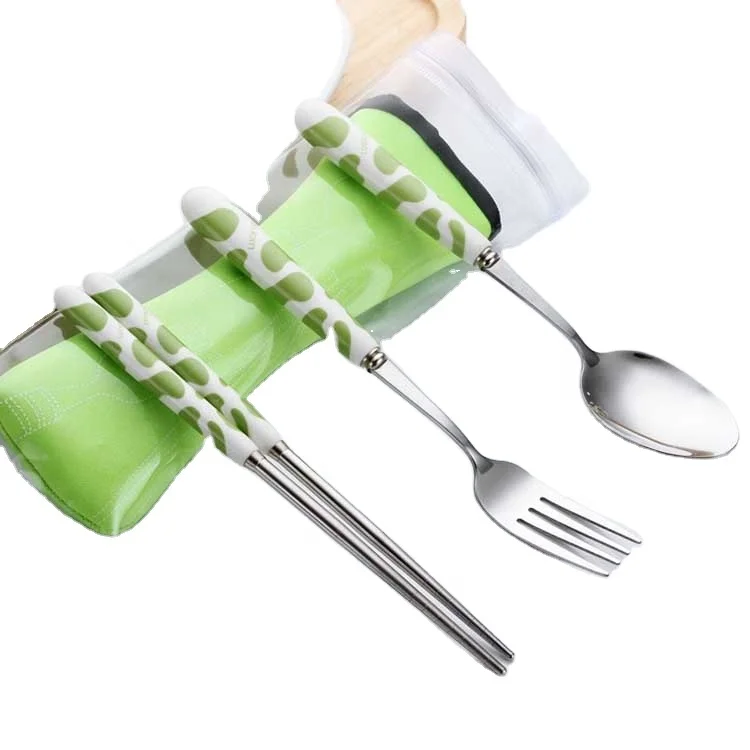 Green Creative Cow Pattern Design Flatware Set of 3 Ceramics Handle Stainless Steel Spoon Fork Chopsticks for Traveling