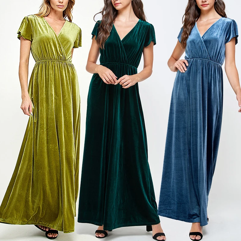 high quality red black green velvet dress and long skirt girls short sleeve long maxi dresses for women ladies velvet dress