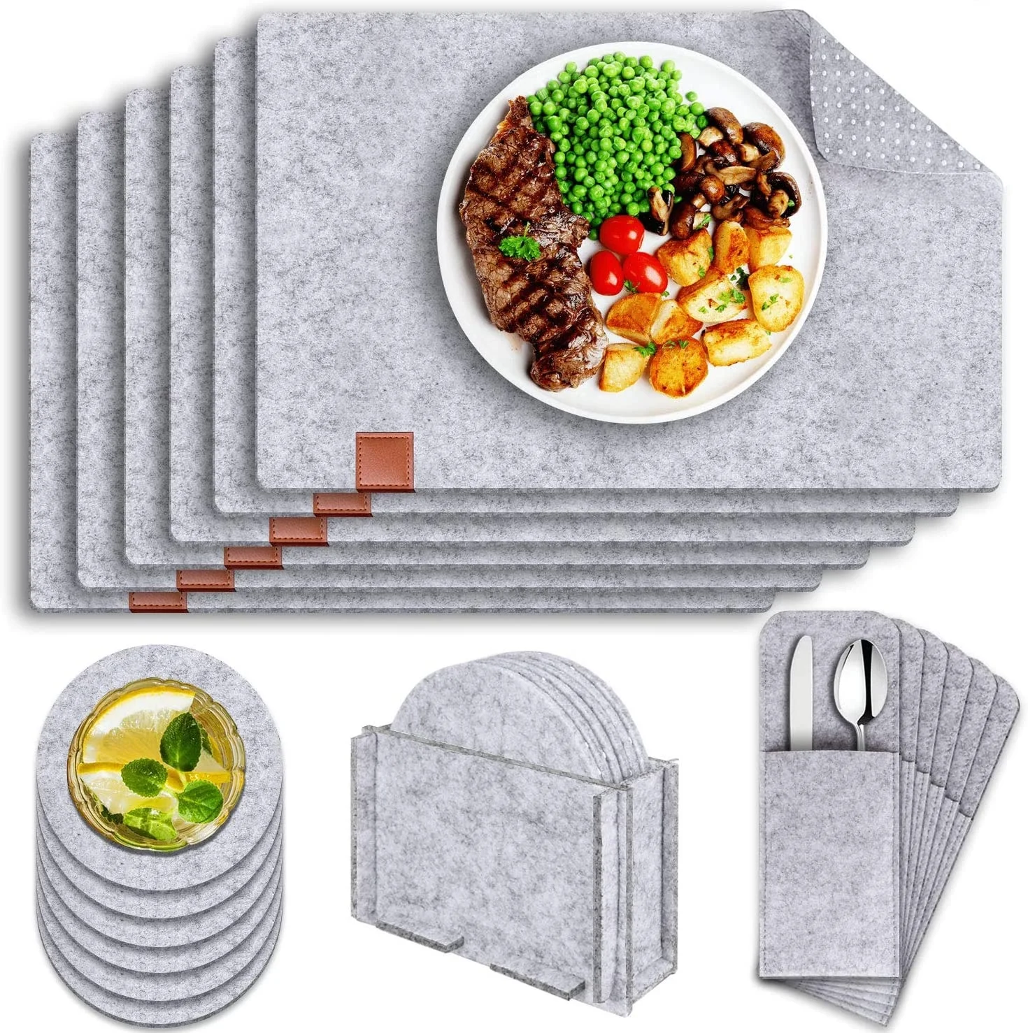 19 Pieces Heat-Resistant Non-Slip Rectangle Felt Placemats with Round Felt Coasters Felt Cutlery Bag and Felt Storage Box