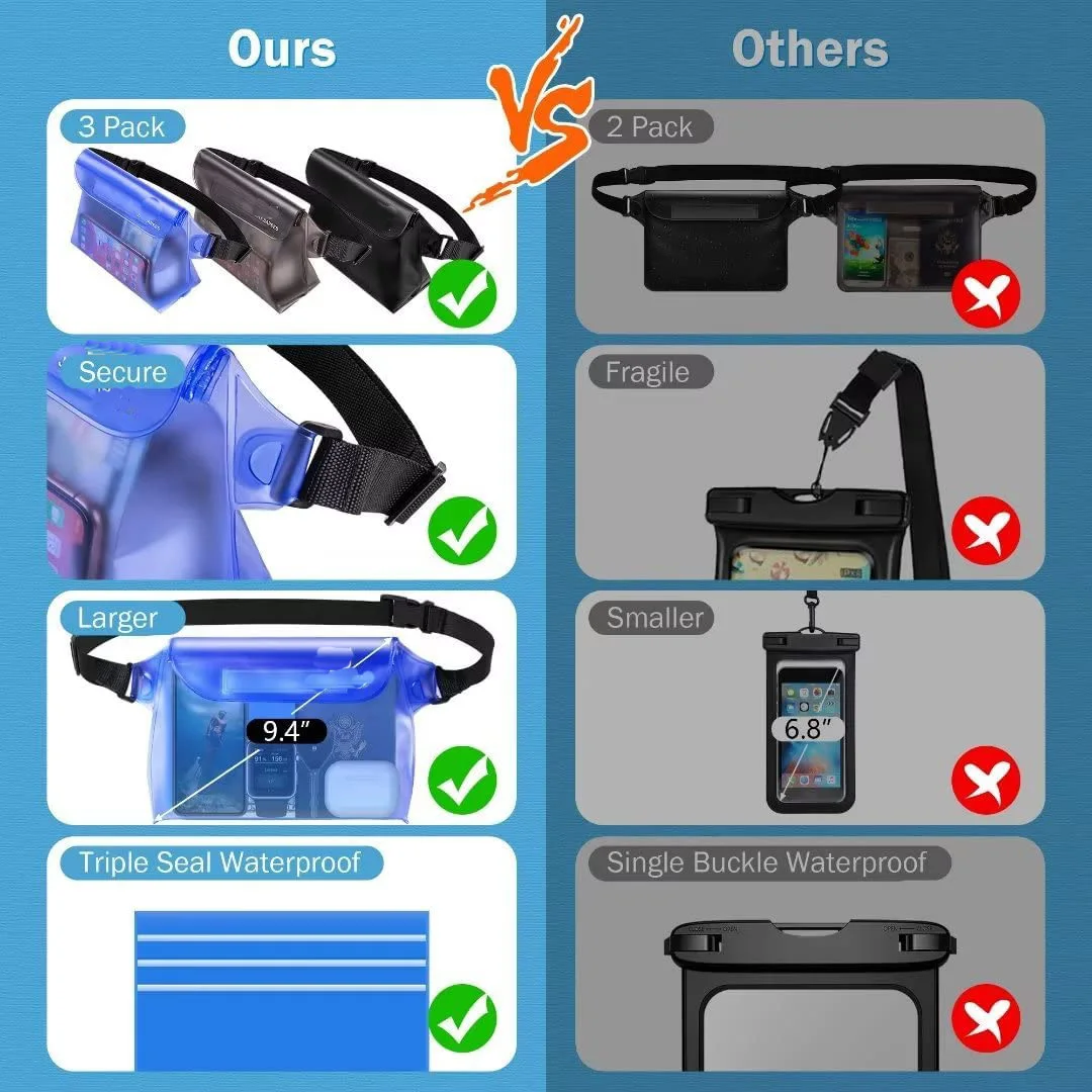 Waterproof Phone Pouch with Waist Strap 3 Pack, Waterproof Fanny Pack Bag iPhone Floating Women Men for swimming, Beach Essentia