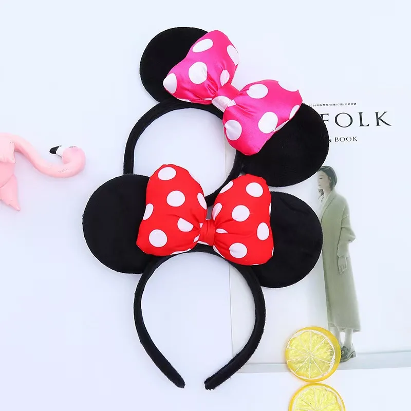 3D Black Mouse Velvet Ears Headband  Satin Bow Hair Clasp Women Adults Costume Supply Holiday Park Headwear