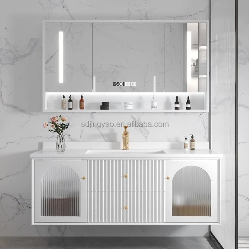 Light luxury bathroom intelligent mirror cabinet combination simple solid wood glass door bathroom
