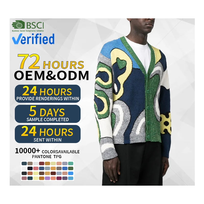 Кардиган на заказ с логотипом OEM & ODM, жаккардовый хлопковый абстрактный трикотажный кардиган с графическим принтом, вязаный кардиган, мужской свитер