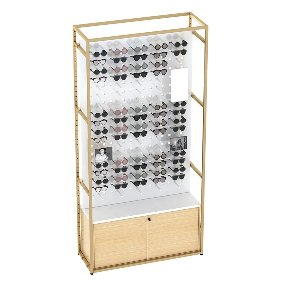 New emerging europe brand wood metal frame gold wall led light sunglasses display stand cabinet holder