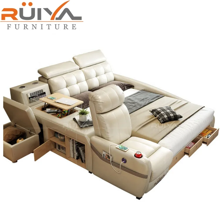 Ruiya Furniture factory direct sale modern Multifunctional smart bed tatami leather king bed with recliner chair