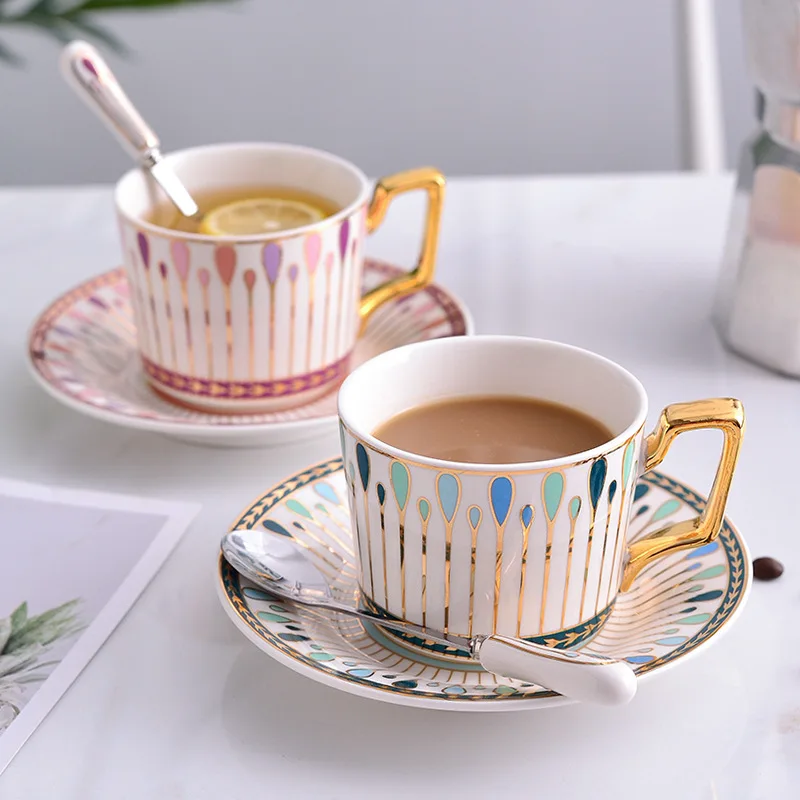 British Luxury Colorful Porcelain Tea Cups Artistic Balloon Golden Handle Bone China Reusable Coffee Mug  And Ceramic Saucer Set