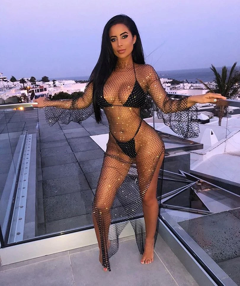 Новинка 2021, черное Сетчатое серебристое платье со стразами, повседневные женские летние пляжные платья макси с длинным рукавом и стразами