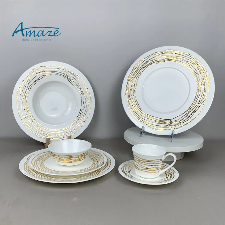 Dishwasher safe bright white minimalistic catering dinnerware dish gold rim decor restaurant salad pasta ceramic porcelain plate
