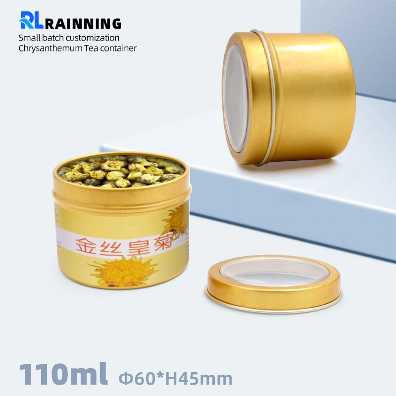 Food grade 100ml airtight metal tea container Gold color screw top round tea tin can with PVC window aluminum jar