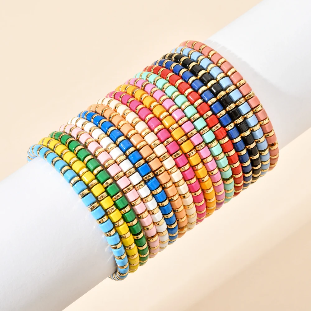 Popular Bohemia New Design Miyuki Bead Elastic Bracelet Rainbow Painted Color Tile Beads Handmade Enamel Bracelet