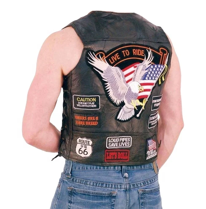 Patched Up Leather Biker Vest Motorcycle Motor Bike Men Vest with Patches