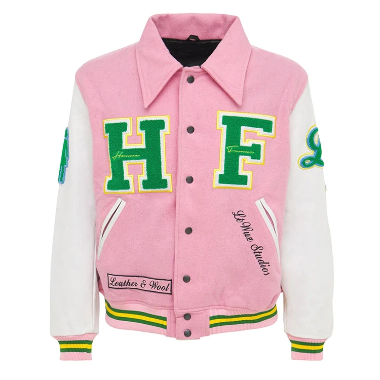 OEM Custom virgin wool patch chenille embroidery leather sleeve unisex letterman varsity jacket for men and women