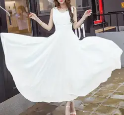 Summer new style plus size solid color beach long skirt Korean fashion bohemian white chiffon dress