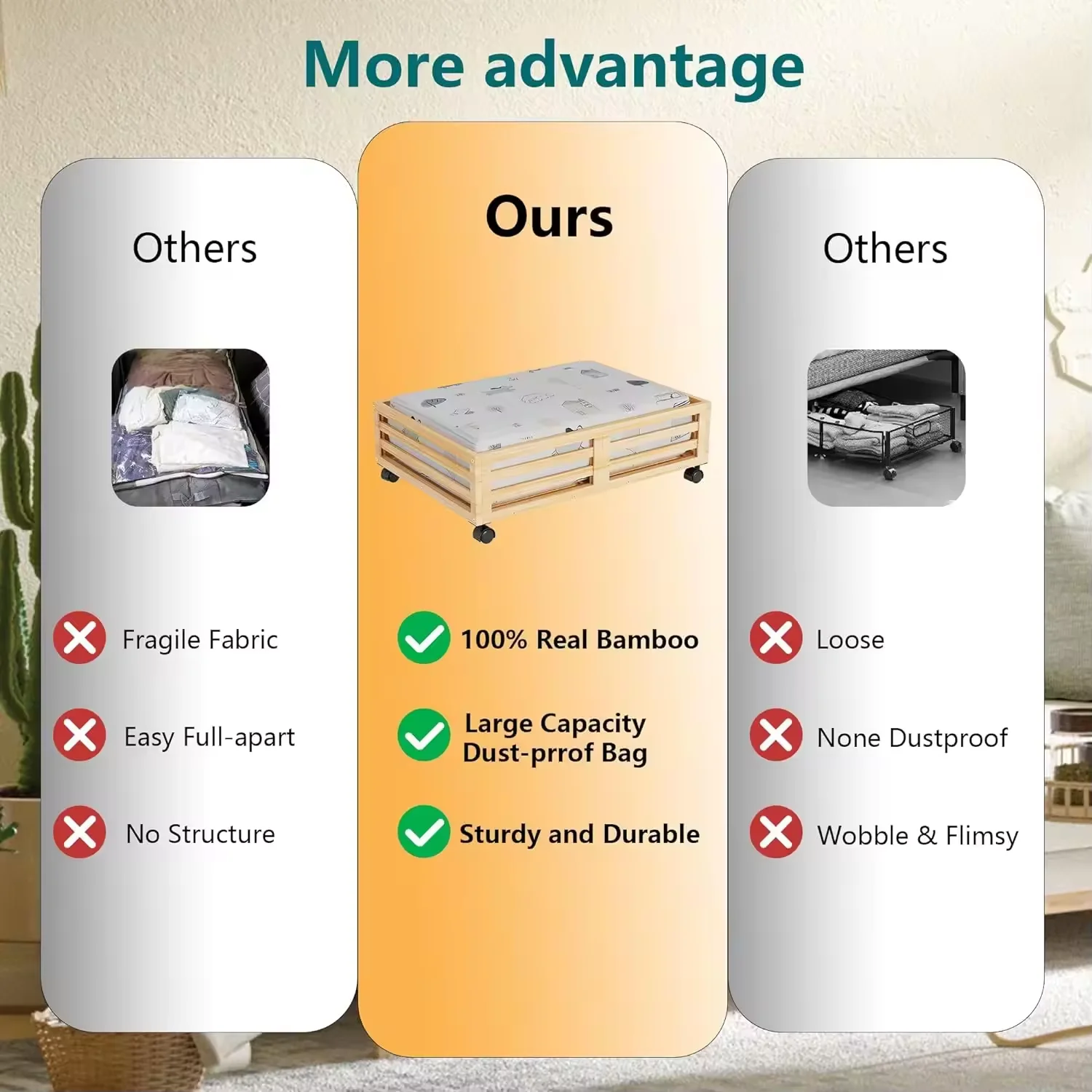 Large Capacity Household Closet Organizers and Storage Bins Bamboo Wooden Under Bed Containers Organizer Box With Wheels