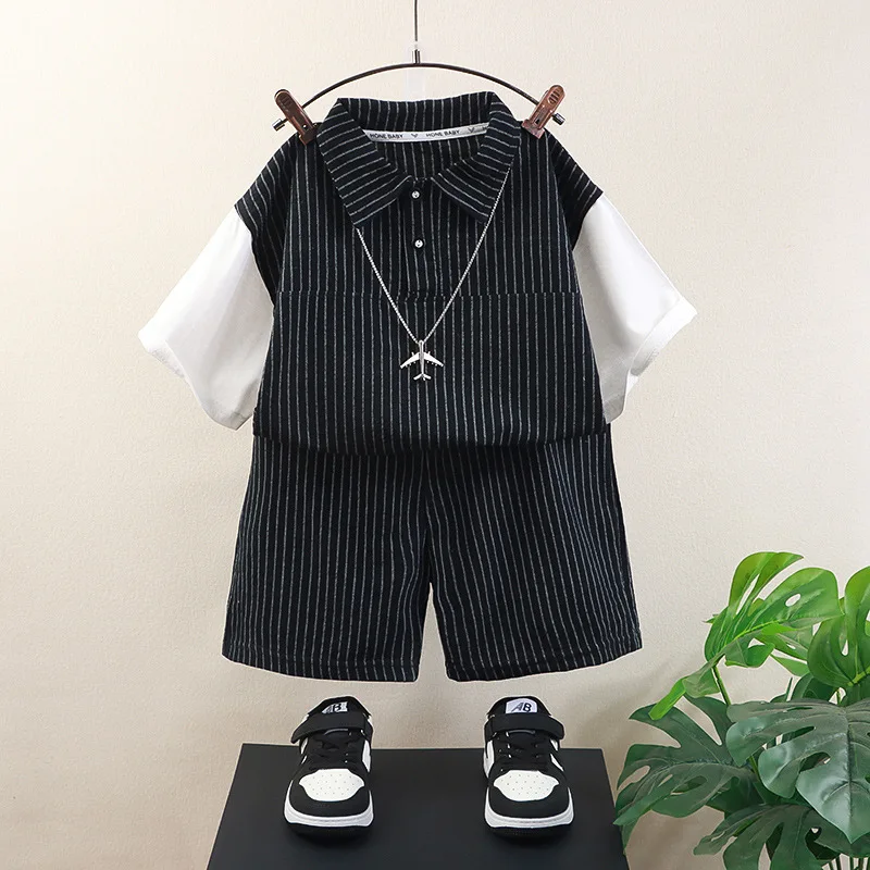 Fashion Design Summer Children Shirt Outfits 2pcs Cotton Striped Casual Teenagers Boys Clothing Sets