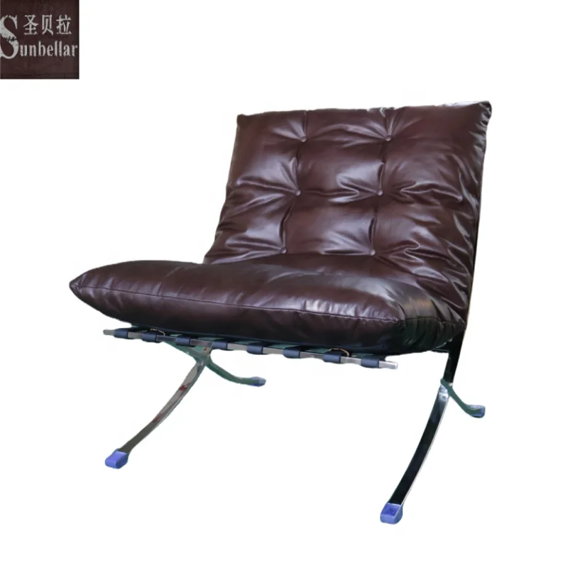 Retro Lounge Chair Genuine Leather Tufted High End Leisure Chair Stainless Steel Chairs for Waiting Room Living Room Club