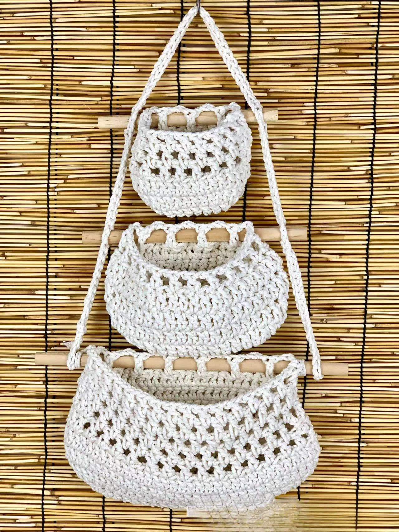 Bohemian Fruit Hanging Pocket Hand-Woven Cotton String Hemp Rope Kitchen Vegetable Wall-Mounted Storage Basket