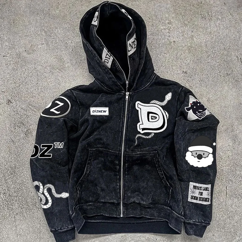 DiZNEW men custom applied print hoodie for two hats black full zip up 520 gsm hoodie for men