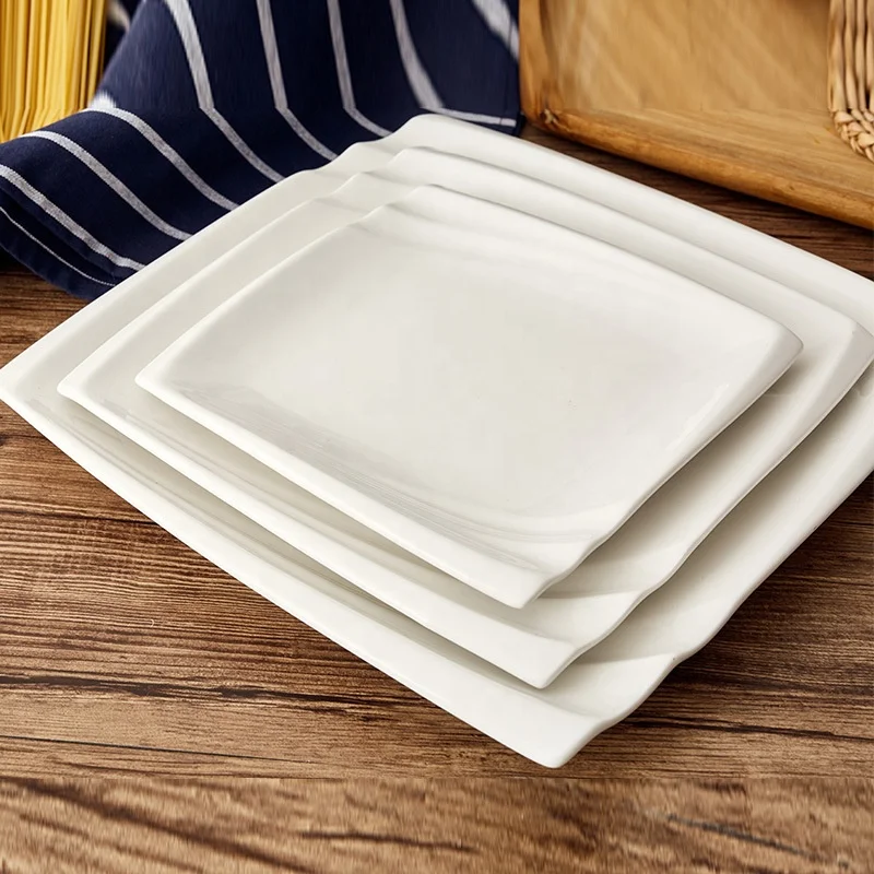 Wholesale square shape embossed porcelain dinnerware set plate dishes white weddings charger plate dinner plate set