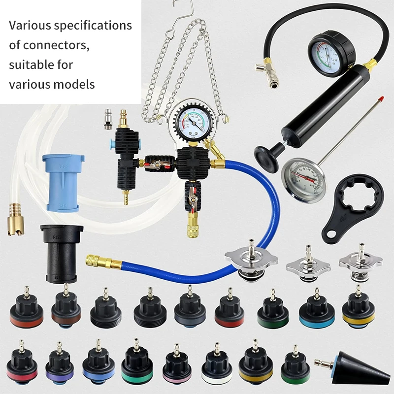 28pcs radiator coolant pressure tester vacuum refill automotive cooling system leak test pneumatic purge fill tool kit set