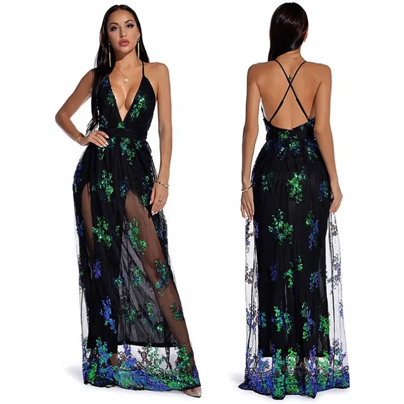 metal sequin Formal Elegant Backless Sexy Deep V-Neck Sequin Long Sexy Women Dinner dress emerald green prom dresses for