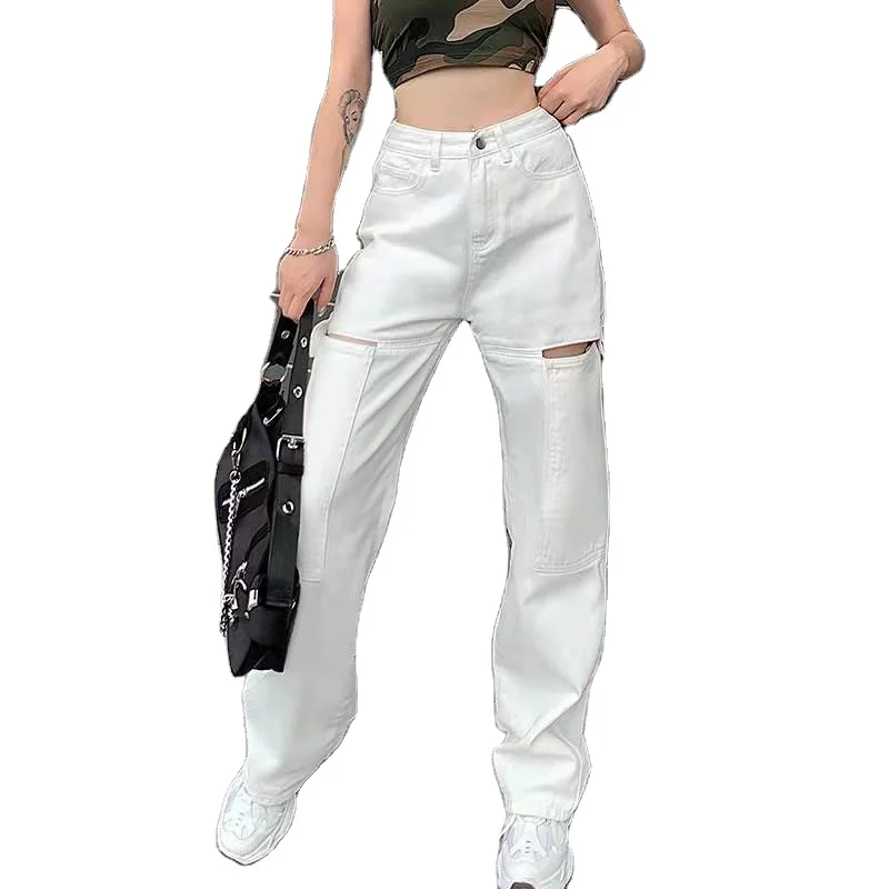 LILUO pure white high waist good quality female long trousers custom ripped hole belt pants women denim jeans