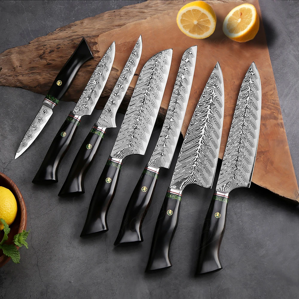 New Arrival 7pcs VG10 Japanese Damascus Steel Kitchen Knife Set with Enbony Wood Handle