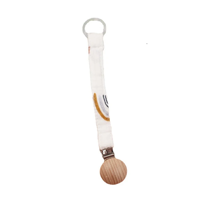 Wholesales soft neutral plain solid color muslin cotton fabric with wooden teether strap holder wood baby pacifier clip