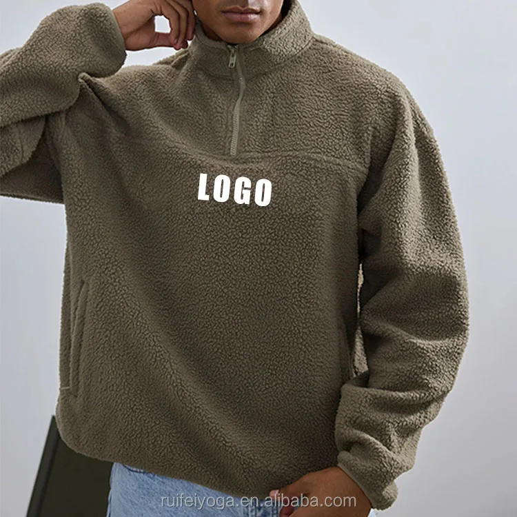 Wholesale Custom Logo Men Quarter Zip Pullover Sweatshirt Half Zip Sweater 100% Polyester Oversized Unisex Sherpa Fleece Jacket